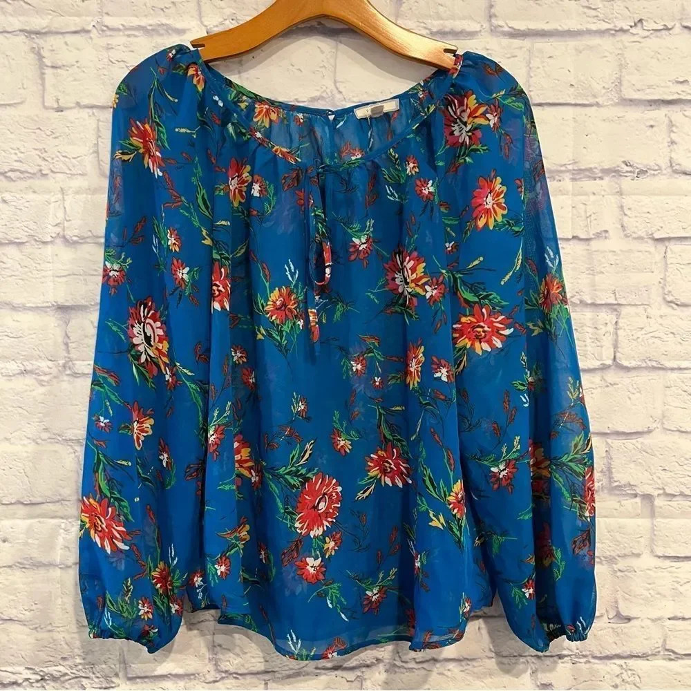 Pleione‎ Womens Blue Floral Peasant Top Sheer Long Sleeves Tie Neck Boho